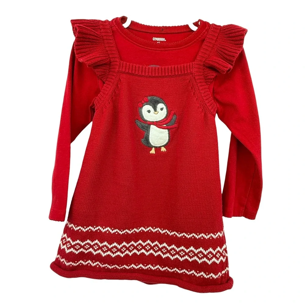 Gymboree‎ Girls Sweater Dress Red Penguin Long Sleeve 3T Holiday Christmas 2 pc